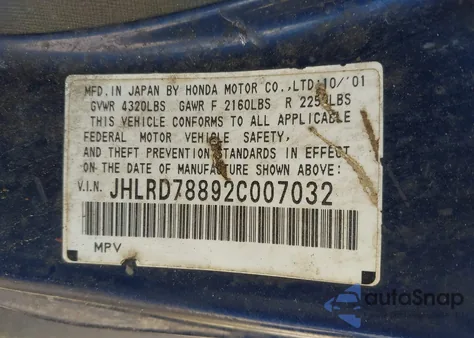 2002 Honda Cr-V Ex from USA, damaged, VIN JHLRD78892C007032